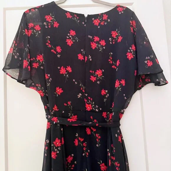 Calvin Klein Navy Floral V-Neck Chiffon Midi Dress – Size 12 - Picture 8 of 9